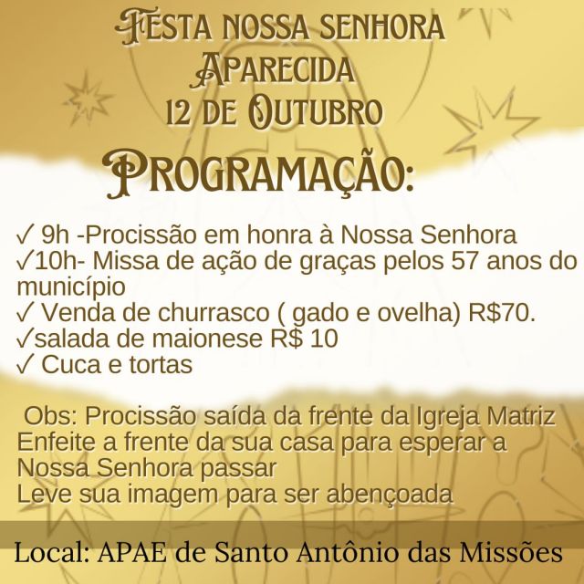 Confira a programação de missas para o Dia de Nossa Senhora Aparecida